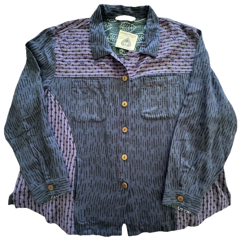 NEW MarketPlace Handwork of India 100% Cotton Button Blouse 2W 22-24 Boho Artsy